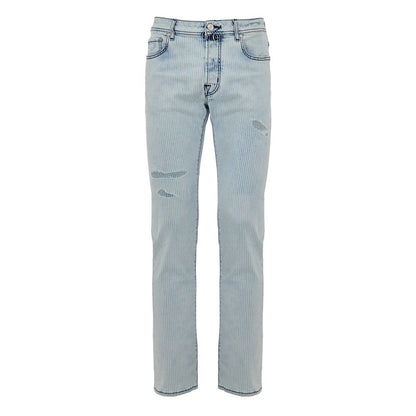 Jacob Cohen Blue Cotton Skinny Jeans with light denim stripes and minor distressing, featuring five pockets and unique details.