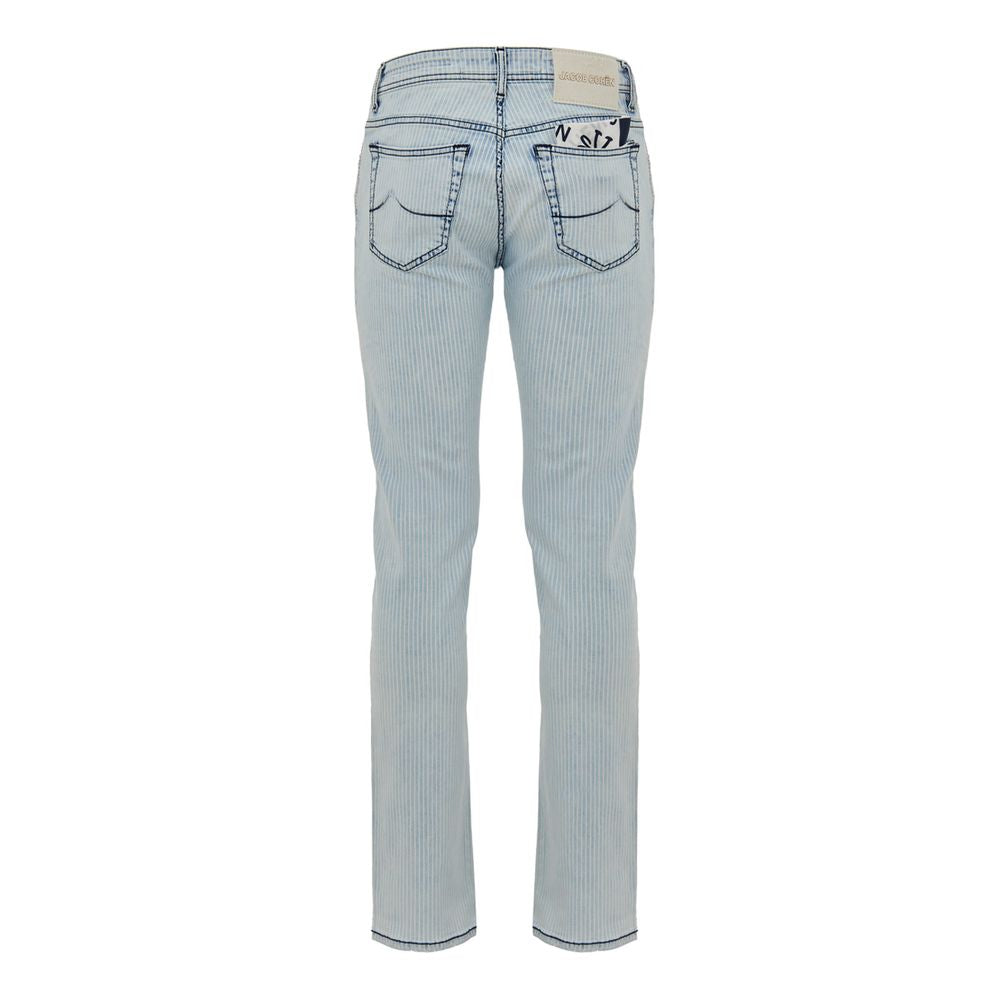 Back view of Jacob Cohen Blue Cotton Skinny Jeans with striped design, five pockets, and white patch with logo.