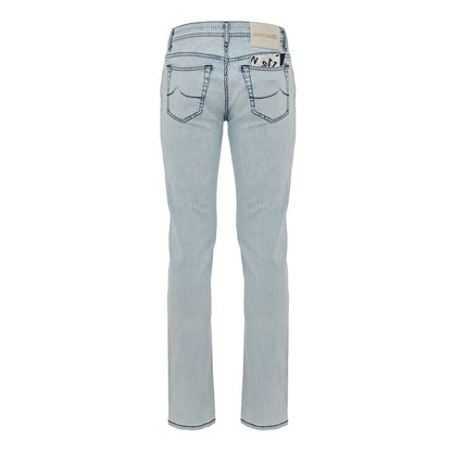 Back view of Jacob Cohen Blue Cotton Skinny Jeans with striped design, five pockets, and white patch with logo.