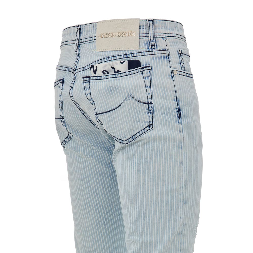 Jacob Cohen Blue Cotton Skinny Jeans with white leather tag and dark blue stitching, featuring a pocket detail and striped denim design.