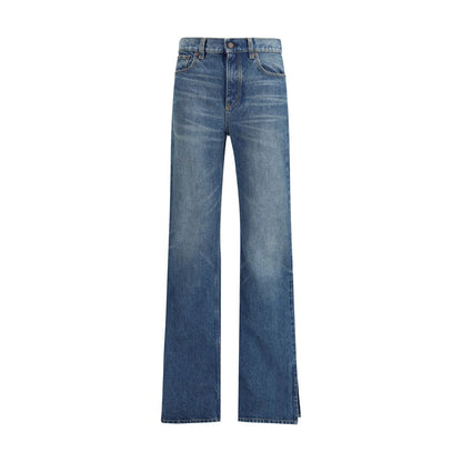 Chloé Blue Cotton Straight-Leg Jeans with indigo wash and slit hem, featuring front zip closure, five pockets, and branded leather patch.