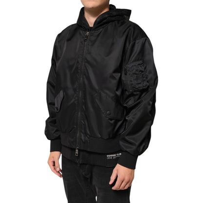 Dolce & Gabbana Black Nylon Hooded Full Zip Bomber Men Jacket