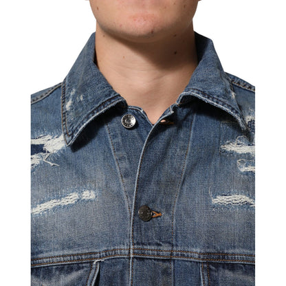 Dolce & Gabbana Blue Cotton Tattered Denim Blouson Jacket