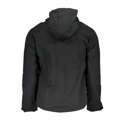 Gianmarco Venturi Black Polyester Jackets & Coat with removable hood, contrast details, and logo application, back view.