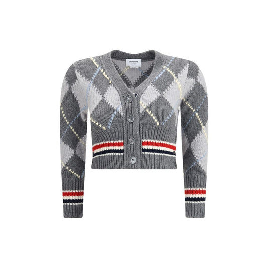 Thom Browne Gray Fleece Wool Cardigan with argyle pattern, V-neck, button closure, and cropped length for versatile styling. AW25 collection.