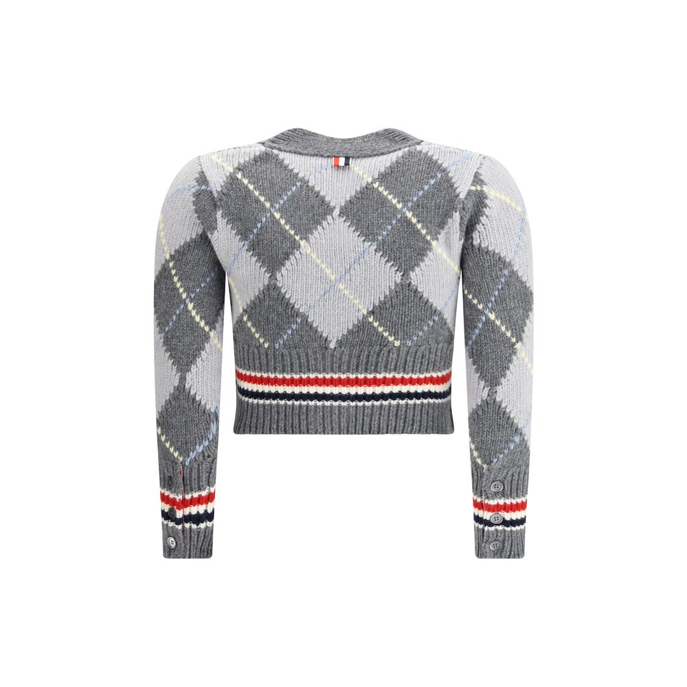 Back view of Thom Browne Gray Fleece Wool Cardigan featuring argyle pattern and ribbed details.