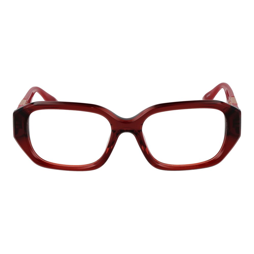 Trussardi Red Acetate Glasses (Frames) with full-rim rectangle style for women, featuring red acetate frame and demo lenses.