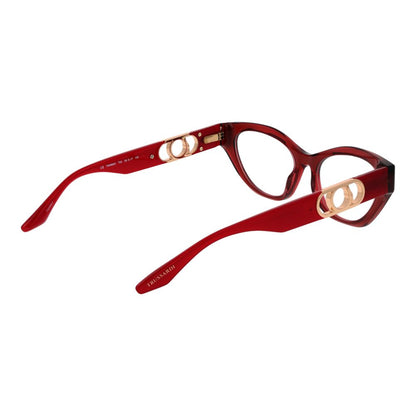 Trussardi Red Acetate Glasses (Frames) for women with full-rim cat eye design, red acetate frame, and demo plastic lenses.