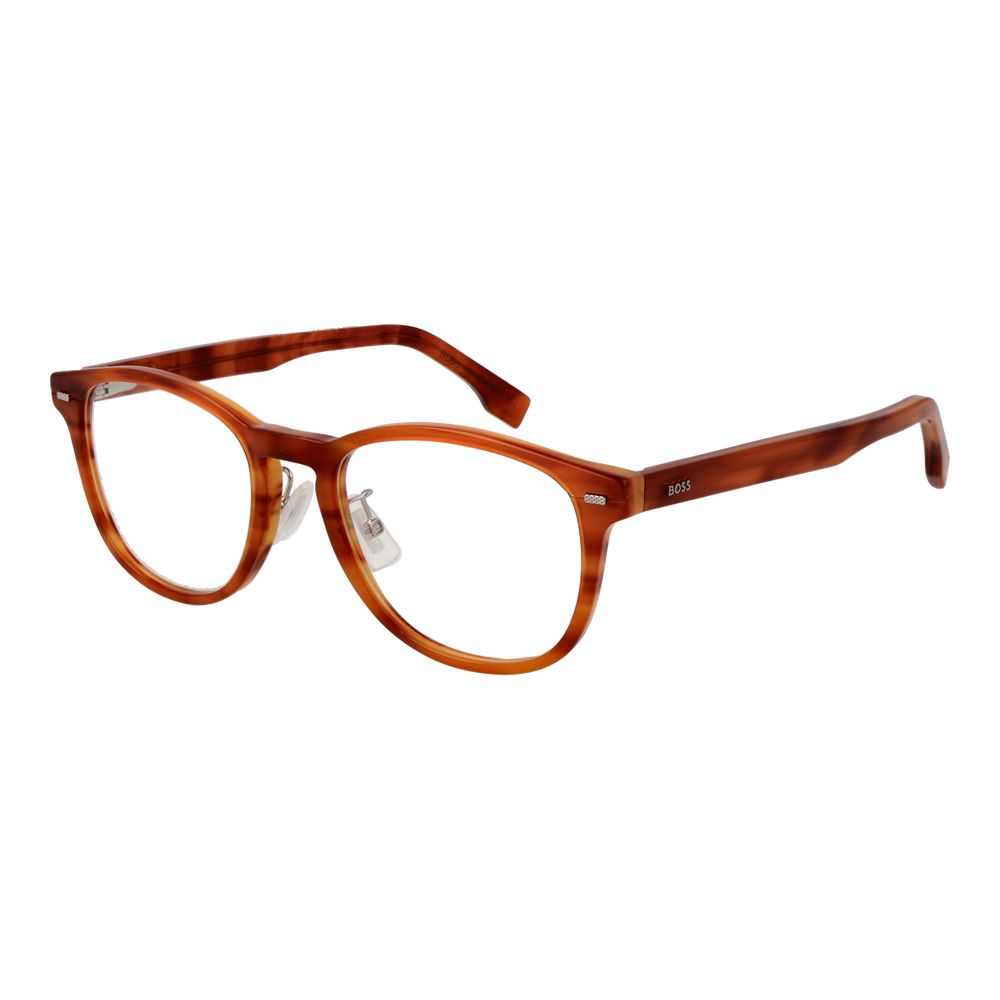 Hugo Boss Brown Acetate Glasses (Frames) for men in full-rim style, featuring brown acetate frame and demo lenses.