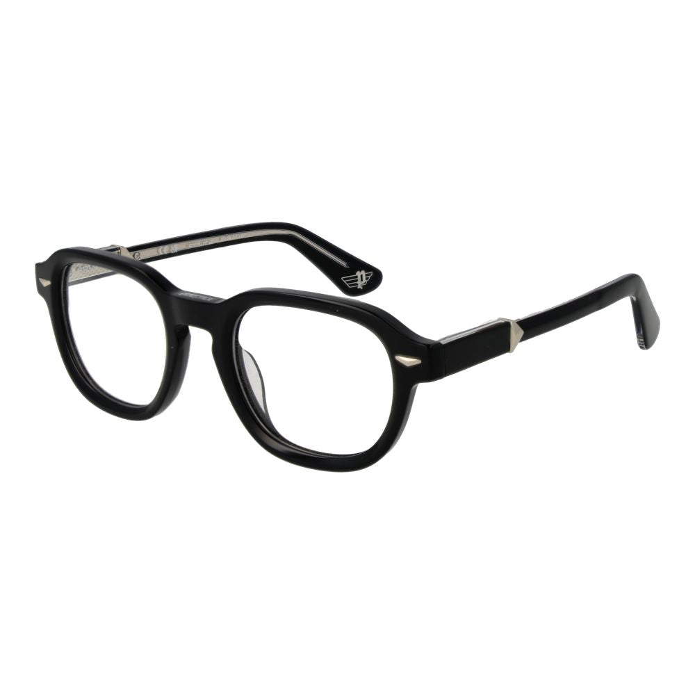 Police Black Cellulose Acetate Glasses (Frames) in full-rim black panto style, designed for men, with demo lenses and branded case included.