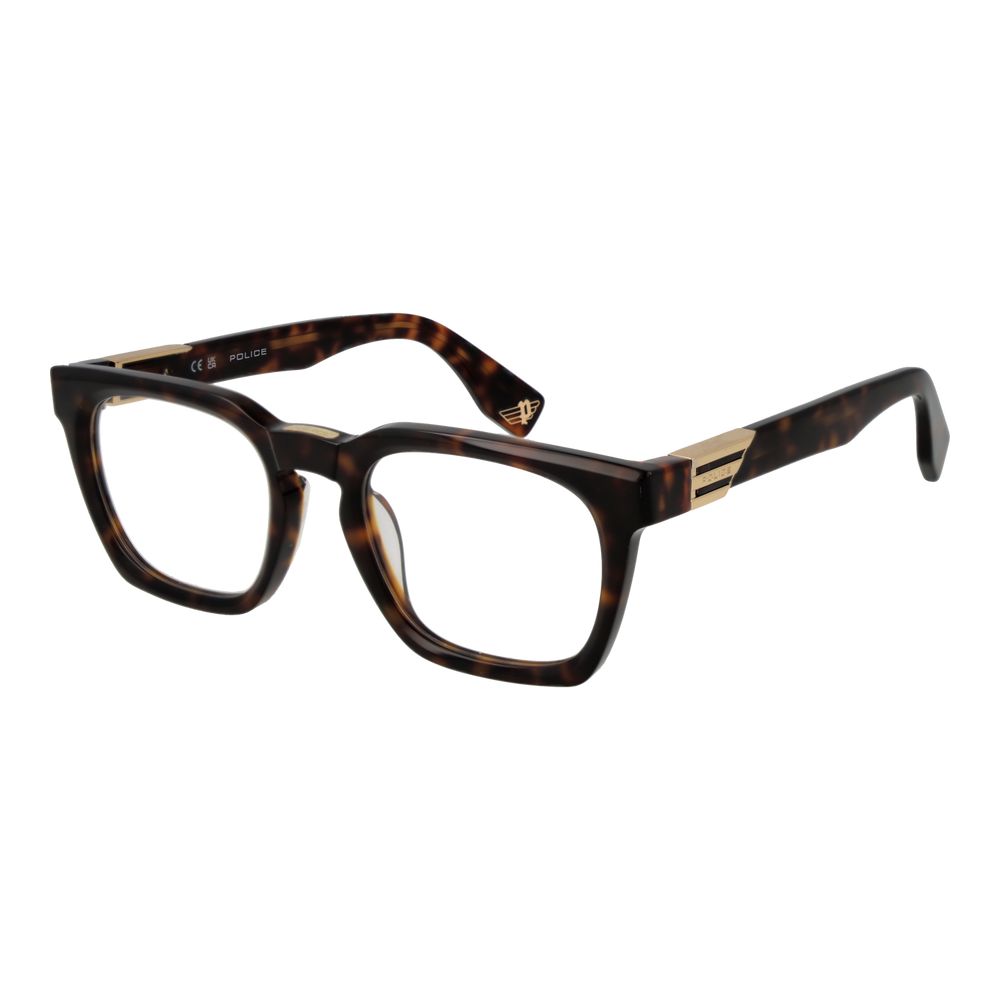 Police Brown Cellulose Acetate Glasses (Frames) for men, full-rim square style, demo lenses, branded case included.