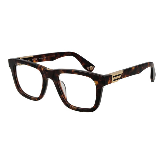 Police Brown Cellulose Acetate Glasses (Frames) for men with square style and full-rim design, 52-21-145 measurements.