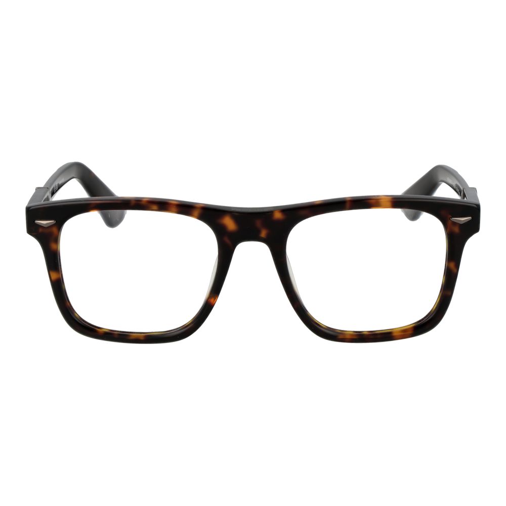 Police Brown Cellulose Acetate Glasses (Frames) for men, featuring full-rim square style and plastic demo lenses.