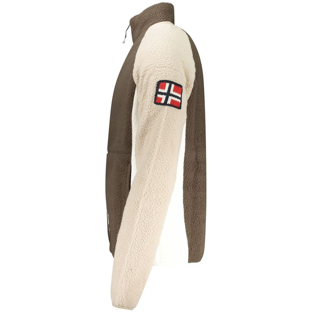 Side view of Norway 1963 Brown Polyester Men Sweater with fleece texture and embroidered patch on sleeve.