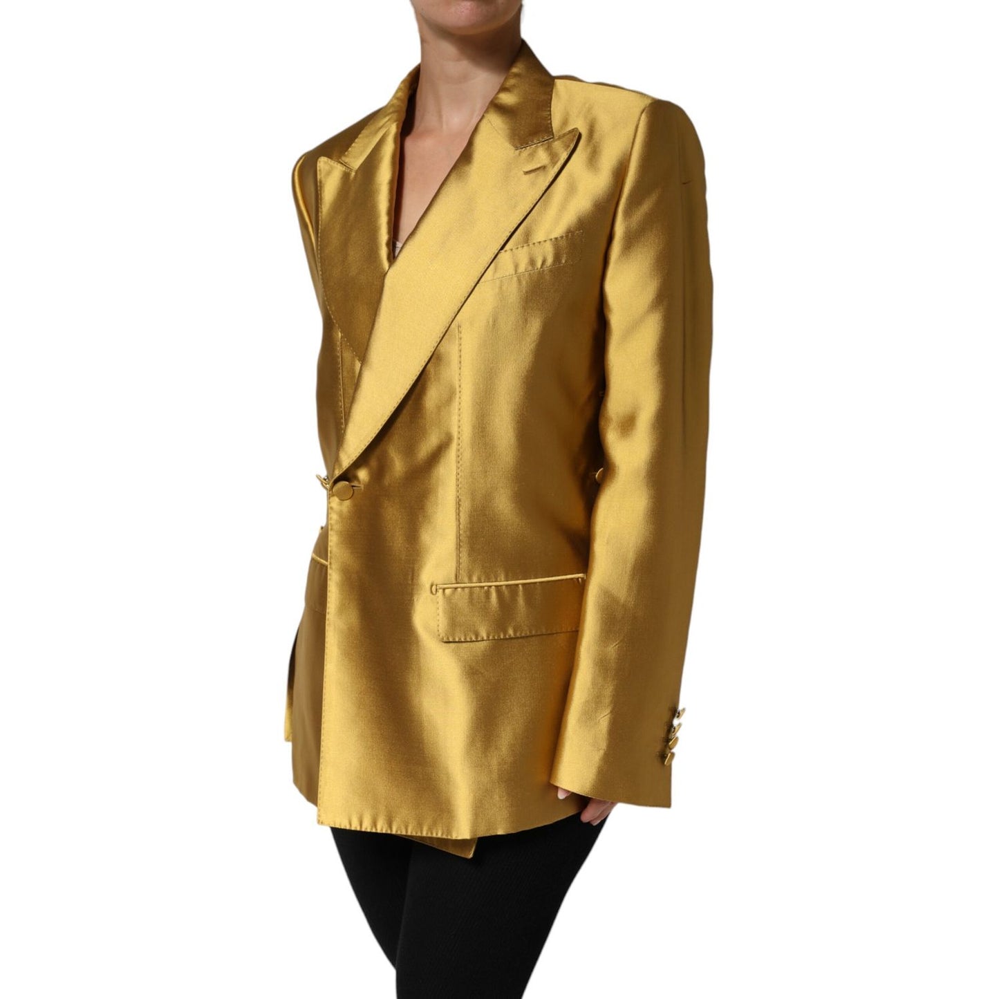 Dolce & Gabbana Gold Satin Long Sleeves Blazer Coat Jacket 1728,67345645728,Blazers - Suits & Blazers - Clothing,Clothing,Dolce & Gabbana,Gold,IT40|S,Jackets & Coats - Women - Clothing,Material: 100% Silk,Preowned / Defect,Suits & Blazers - Clothing,Women