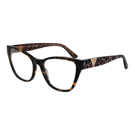 Guess Brown Acetate Glasses (Frames) in cat eye style, full-rim, with demo lenses, spring hinge, and leopard print accents.