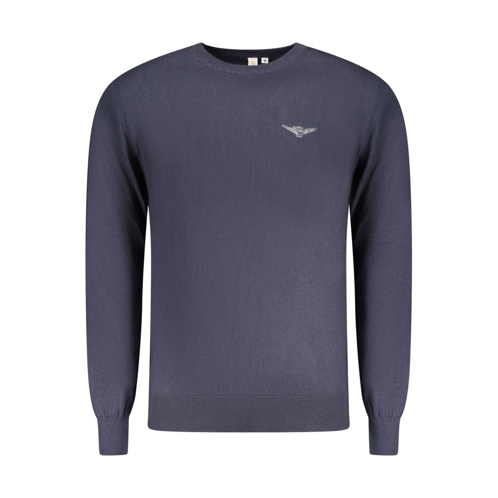 Accademia Militare Blue Cotton Men Sweater with crew neck and embroidered logo, perfect for modern style and comfort.
