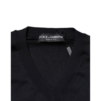 Dolce & Gabbana Black Cashmere V-Neck Men Pullover Sweater