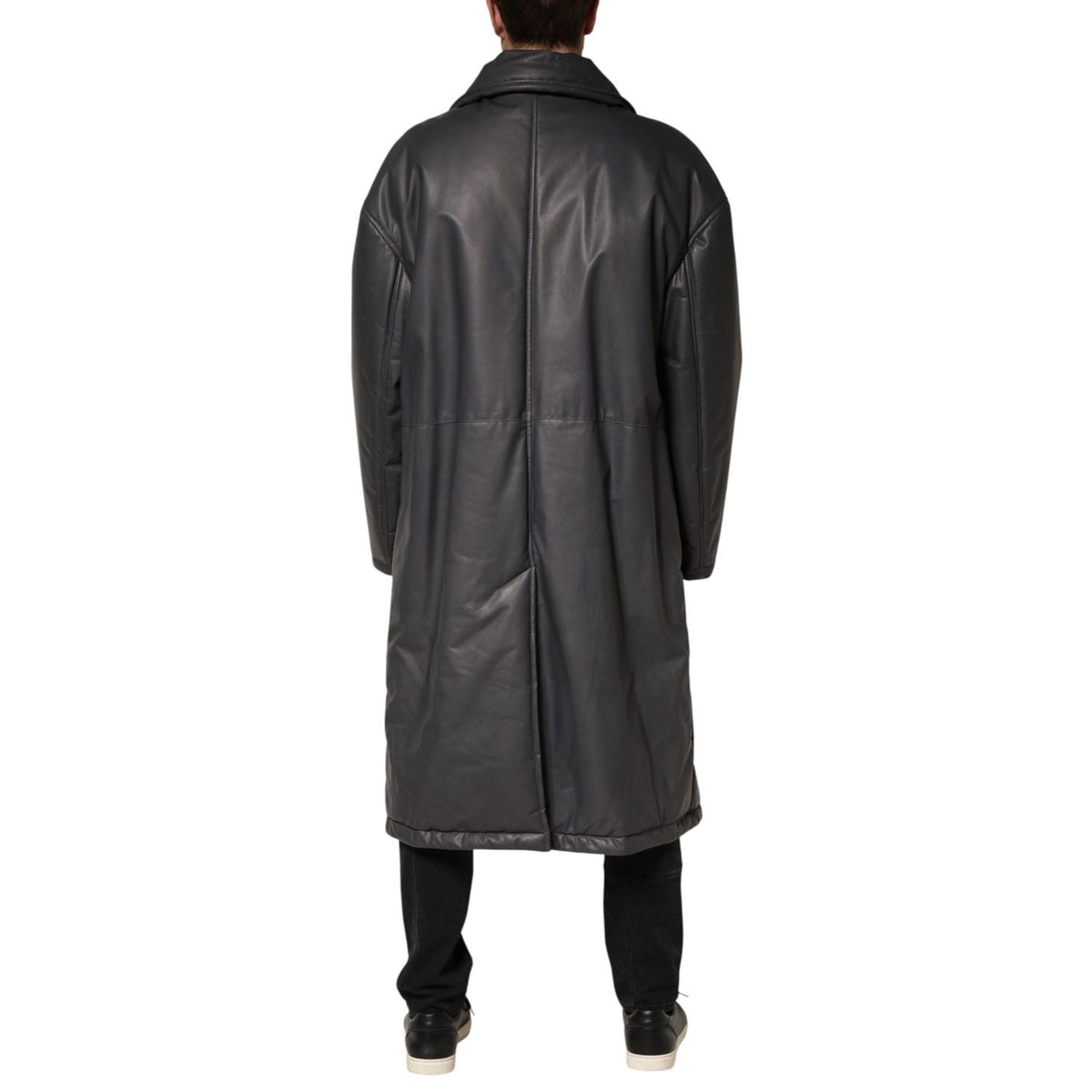 Dolce & Gabbana Black Leather Collared Trench Coat Jacket