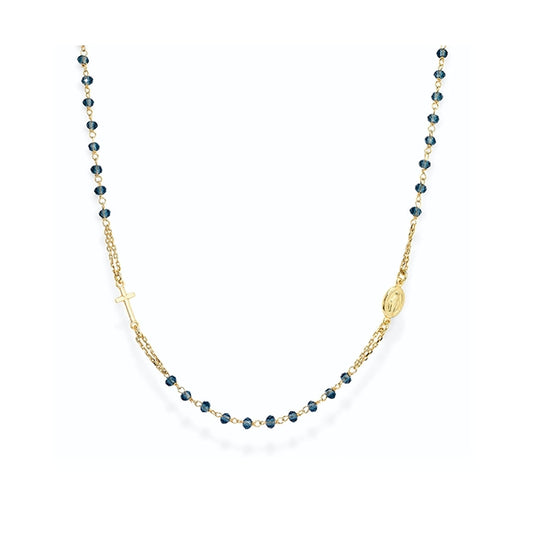 Elegant necklace from AMEN JEWELRY Mod. CROGBL3 with blue beads and gold accents, featuring a cross and medallion design.