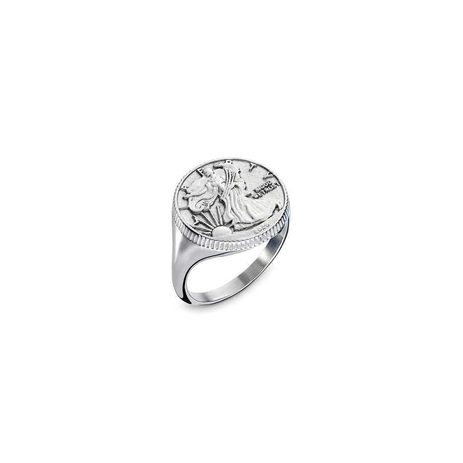 Alt Tag: "AN JEWELS JEWELRY Mod. AAC.R02S-6 elegant silver ring with intricate coin motif."