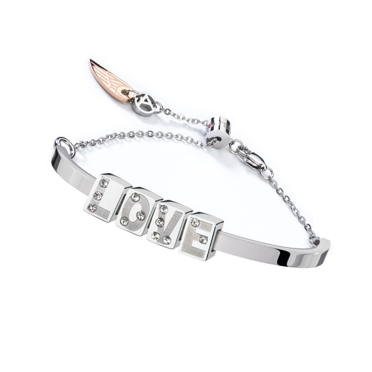 AN JEWELS JEWELRY Mod. ANPULSEIRALI18 silver bracelet with 'LOVE' charm and crystal accents on a chain clasp.