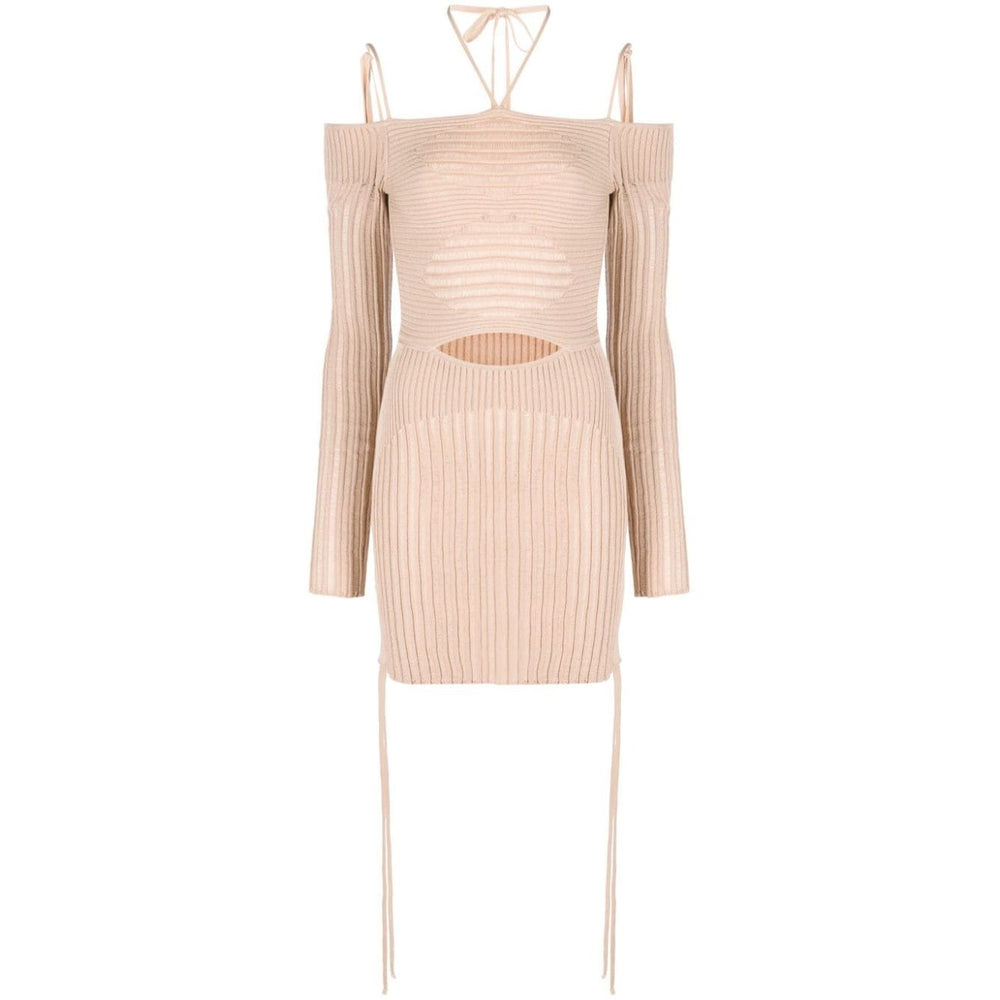 ANDREĀDAMO Andrea Adamo Dresses Beige ribbed-knit mini dress with cut-out detailing, halterneck, and long sleeves.