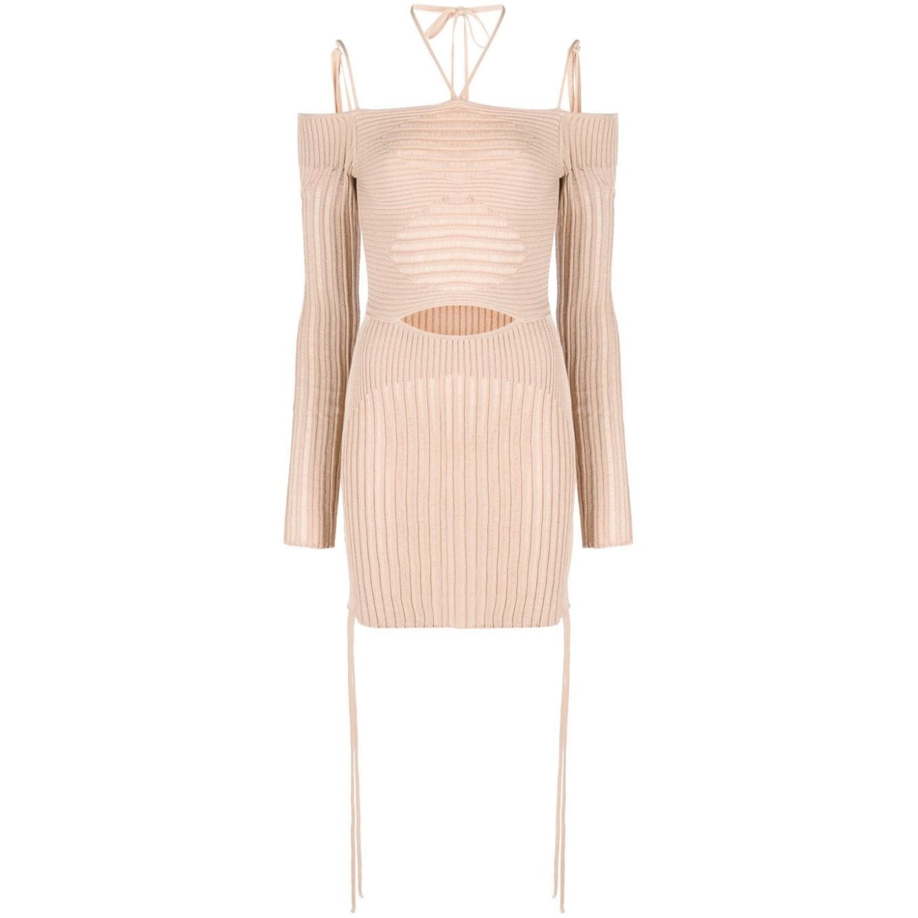 ANDREĀDAMO Andrea Adamo Dresses Beige ribbed-knit mini dress with cut-out detailing, halterneck, and long sleeves.