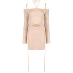 ANDREĀDAMO Andrea Adamo Dresses Beige ribbed-knit mini dress with cut-out detailing, halterneck, and long sleeves.