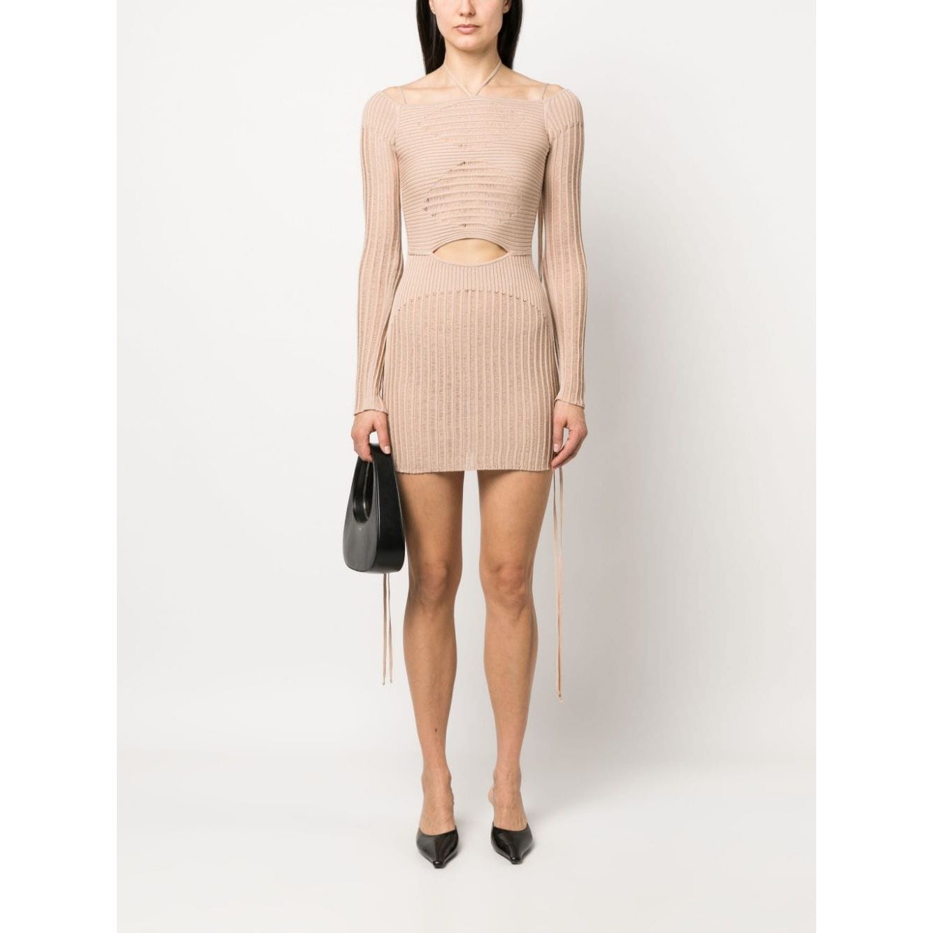 ANDREĀDAMO Andrea Adamo Dresses Beige ribbed-knit mini dress with cut-out detailing, long sleeves, and square open back.