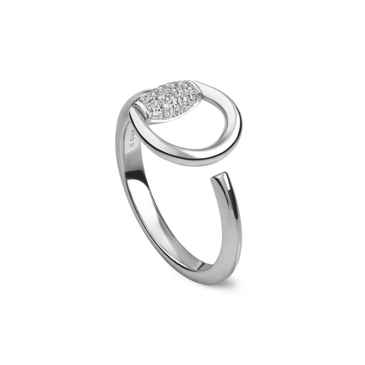 Elegant ANELLI GUCCI MOD. YBC832324001 silver ring with unique loop design and diamond accents.