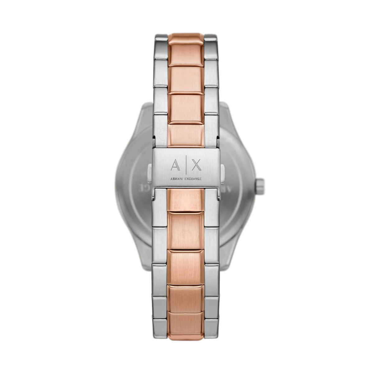 Back view of ARMANI EXCHANGE Mod. AX1874 wristwatch with rose gold and silver stainless steel bracelet.