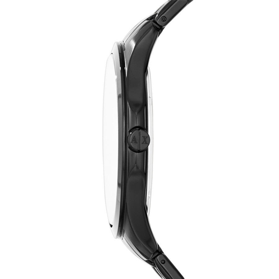 Side view of ARMANI EXCHANGE Mod. AX2144 stainless steel wristwatch with black bracelet and mineral dial.