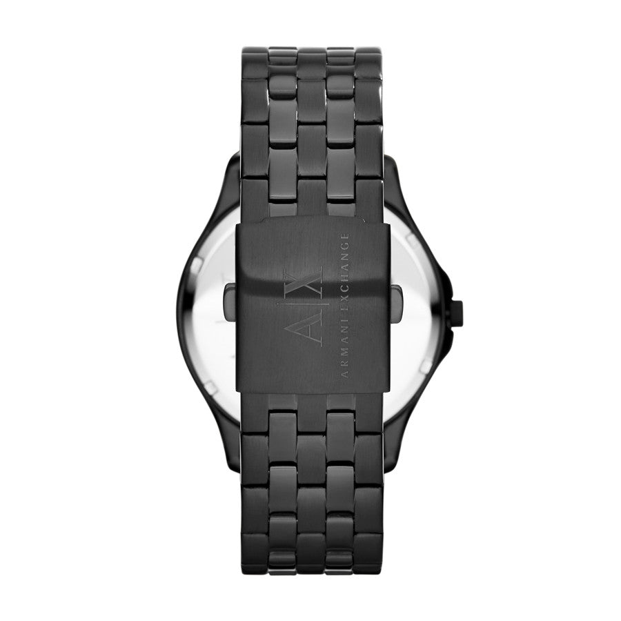 Back view of ARMANI EXCHANGE Mod. AX2144 wristwatch with stainless steel bracelet and official packaging