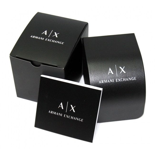 Official packaging of ARMANI EXCHANGE Mod. AX2144 wristwatch, featuring black branded box and display case.