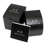 Official packaging of ARMANI EXCHANGE Mod. AX2144 wristwatch, featuring black branded box and display case.