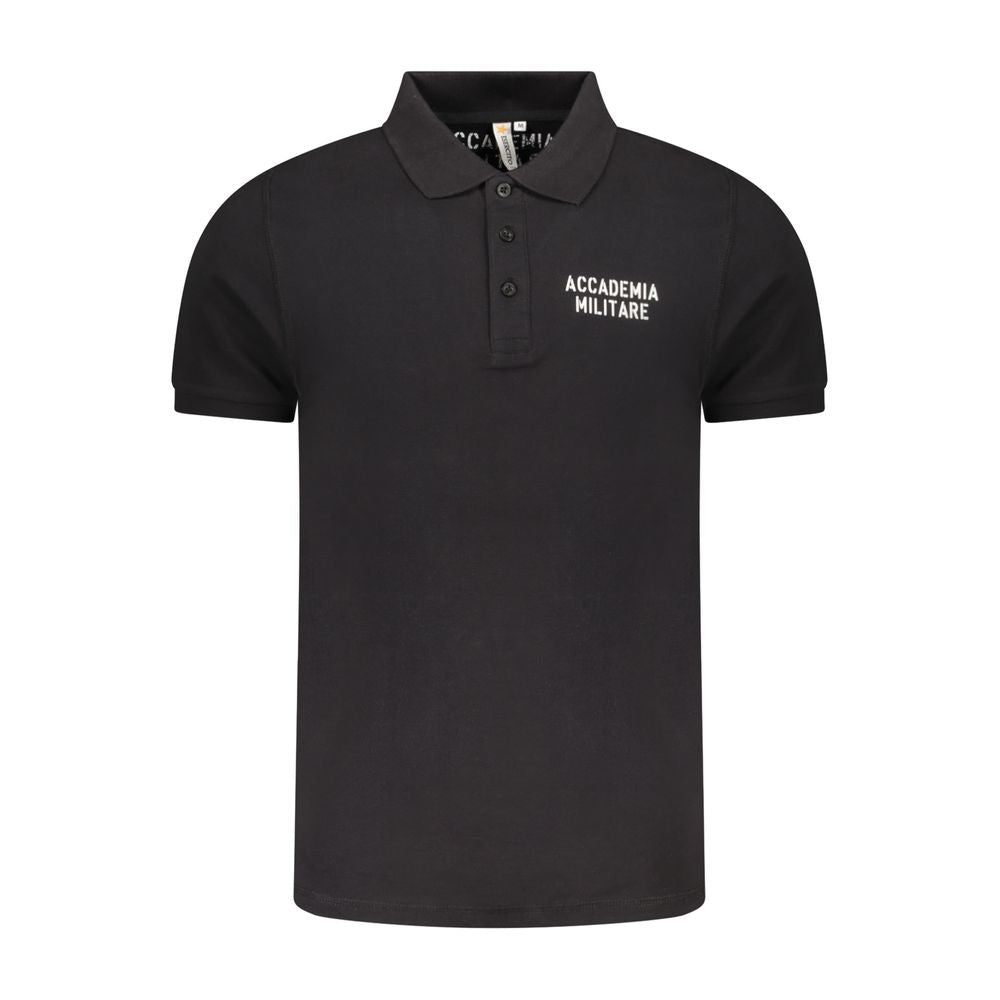 Accademia Militare Black Cotton Polo Shirt with short sleeves, 3 buttons, logo and print detail. Ideal for stylish, casual wear.