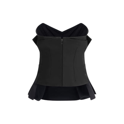 Alexander McQueen Black Polyester Top with peplum and bow detailing, AW25 collection, elegant sleeveless corset style.