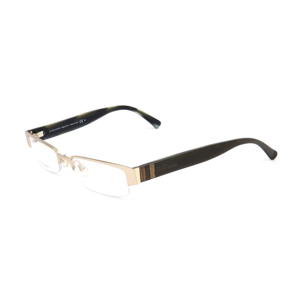 Alexander McQueen Gold Metal Glasses (Frames) side view on white background