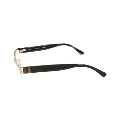 Alexander McQueen Gold Metal Glasses (Frames) side view showing black and gold temples and metal details, unisex model AMQ4159R2E.