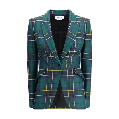 Alexander McQueen Green Wool Blazer with check pattern and peaked lapel