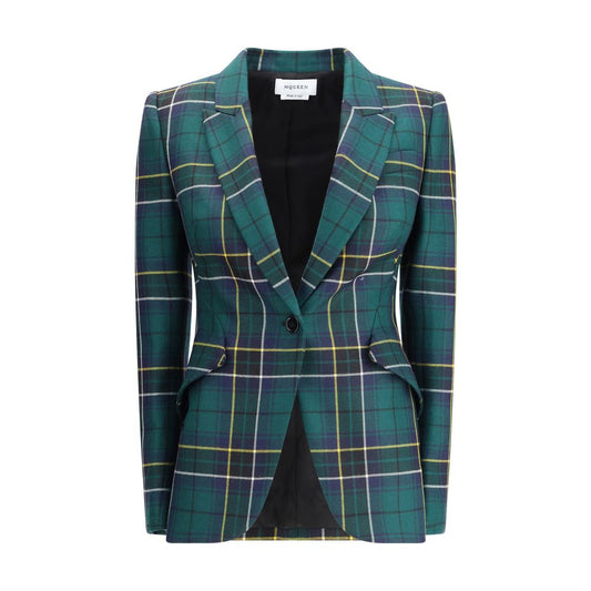 Alexander McQueen Green Wool Blazer with check pattern and peaked lapel