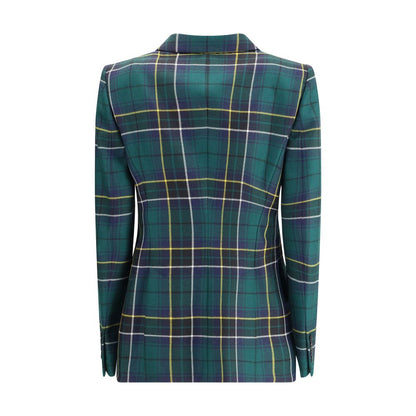 Back view of Alexander McQueen Green Wool Blazer showcasing check pattern and structured design with peaked lapels and single-button closure.