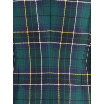 Close-up of check pattern fabric on Alexander McQueen Green Wool Blazer with structured modern design features.