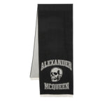 Alexander McQueen Logo wool scarf with skull and logo print, black with frayed hem, size 180cm x 37cm.