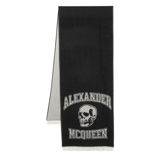 Alexander McQueen Logo wool scarf with skull and logo print, black with frayed hem, size 180cm x 37cm.