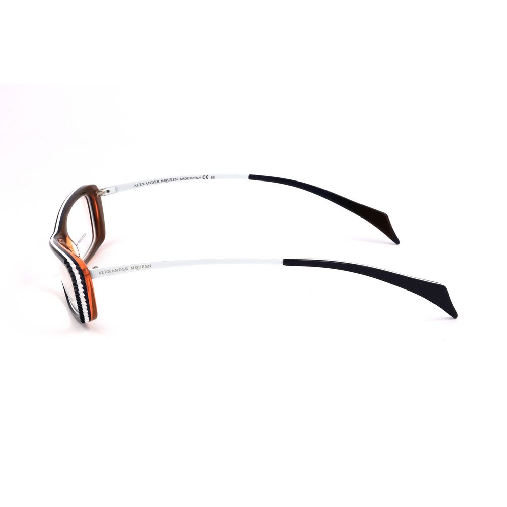 Side view of Alexander McQueen Multicolor Acetate Frames in blue, white, and orange with 52/14/145mm dimensions.