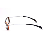 Side view of Alexander McQueen Multicolor Acetate Frames in blue, white, and orange with 52/14/145mm dimensions.
