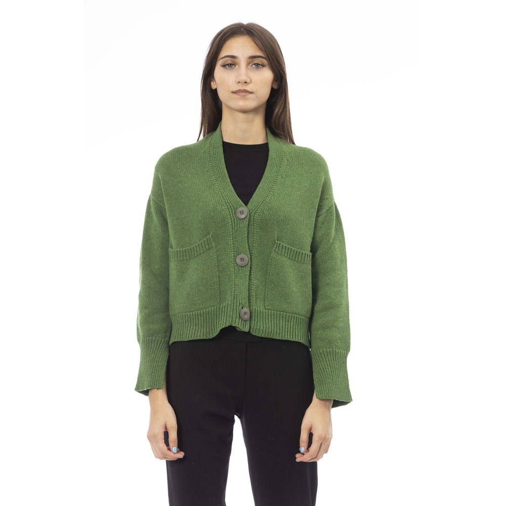 Alpha Studio Green Merino Wool Women Cardigan front view with ribbed collar and button closure.