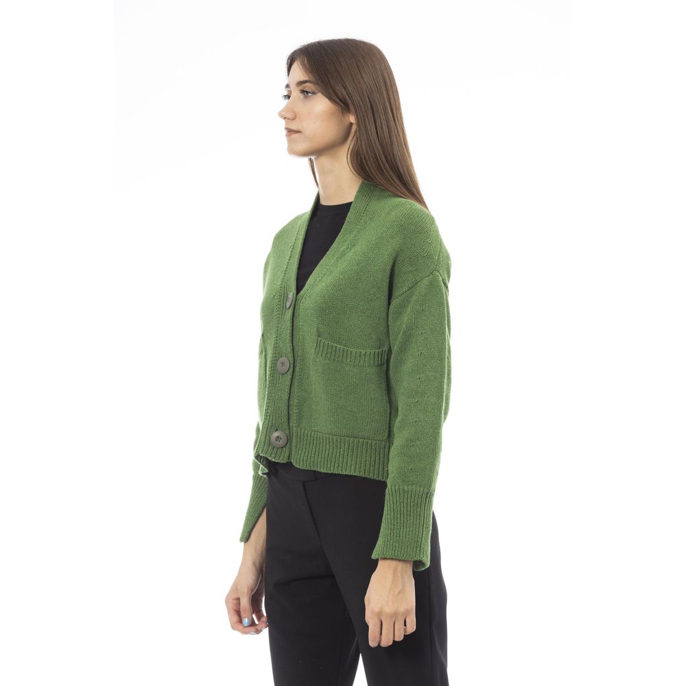 Woman wearing Alpha Studio Green Merino Wool Women Cardigan with ribbed collar and buttons.